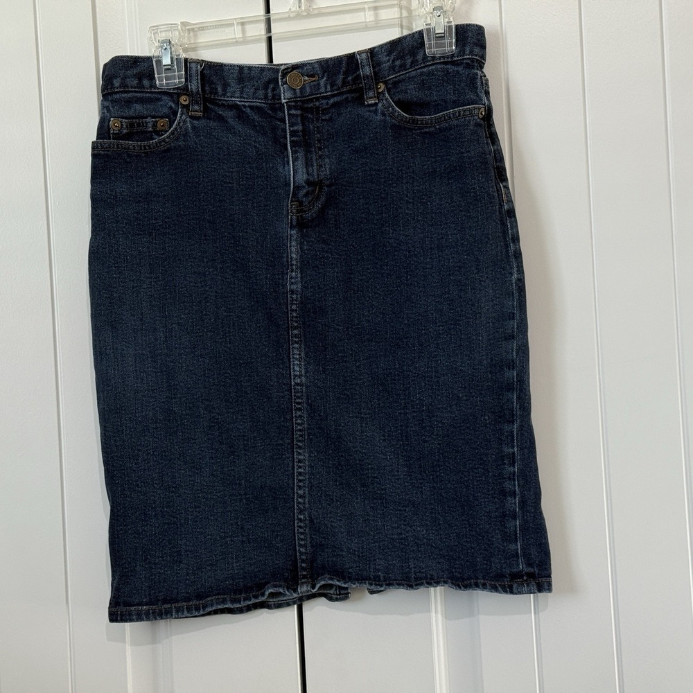 Lauren Ralph Lauren Jean Co Blue Denim Straight Skirt Women's Sz 4 Leather Patch